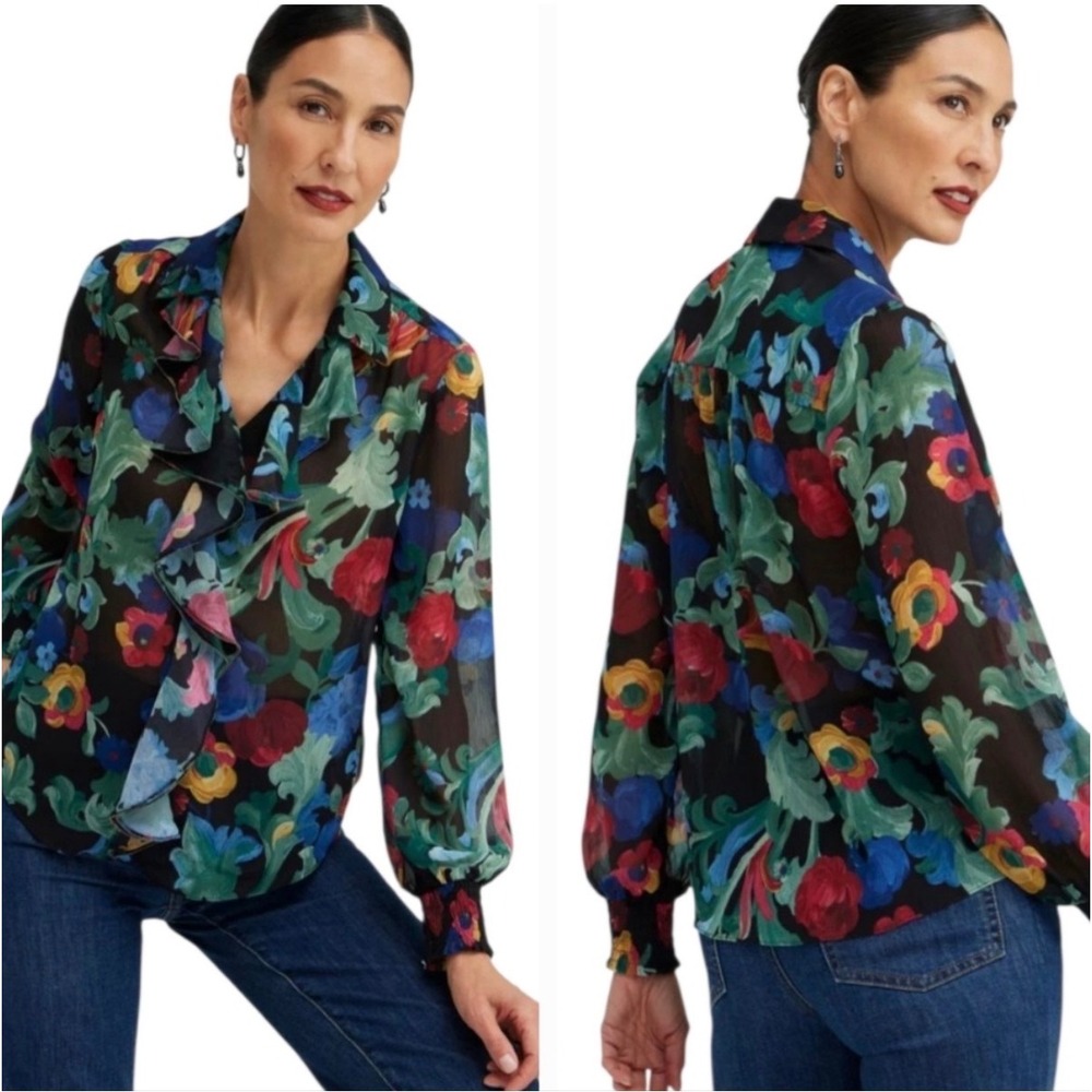 Chicos Floral Button Down Shirt Black Multi Long Sleeve Blouse 2 (12) Artsy Bold